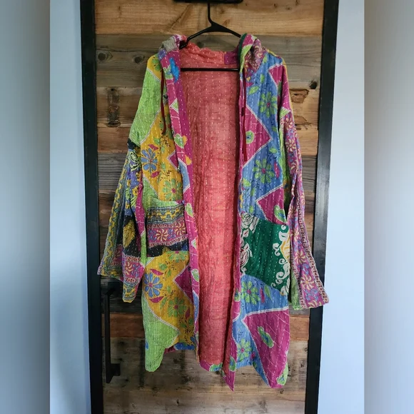 KANTHA PATCHWORK HOODED JACKET WITH BOHO DESIGN  ONE SIZE Call Out See Below!!!! - Picture 2 of 4